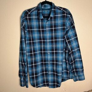Perry Ellis Button Up Shirt Mens Blue Regular Fit Plaid White Navy XL